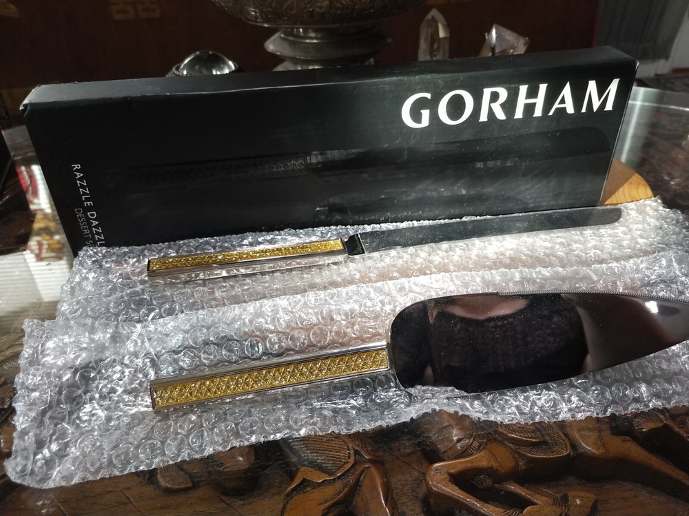 Gorham razzle dazzle dessert set cake knife pie server. Gold, silver rhinestones