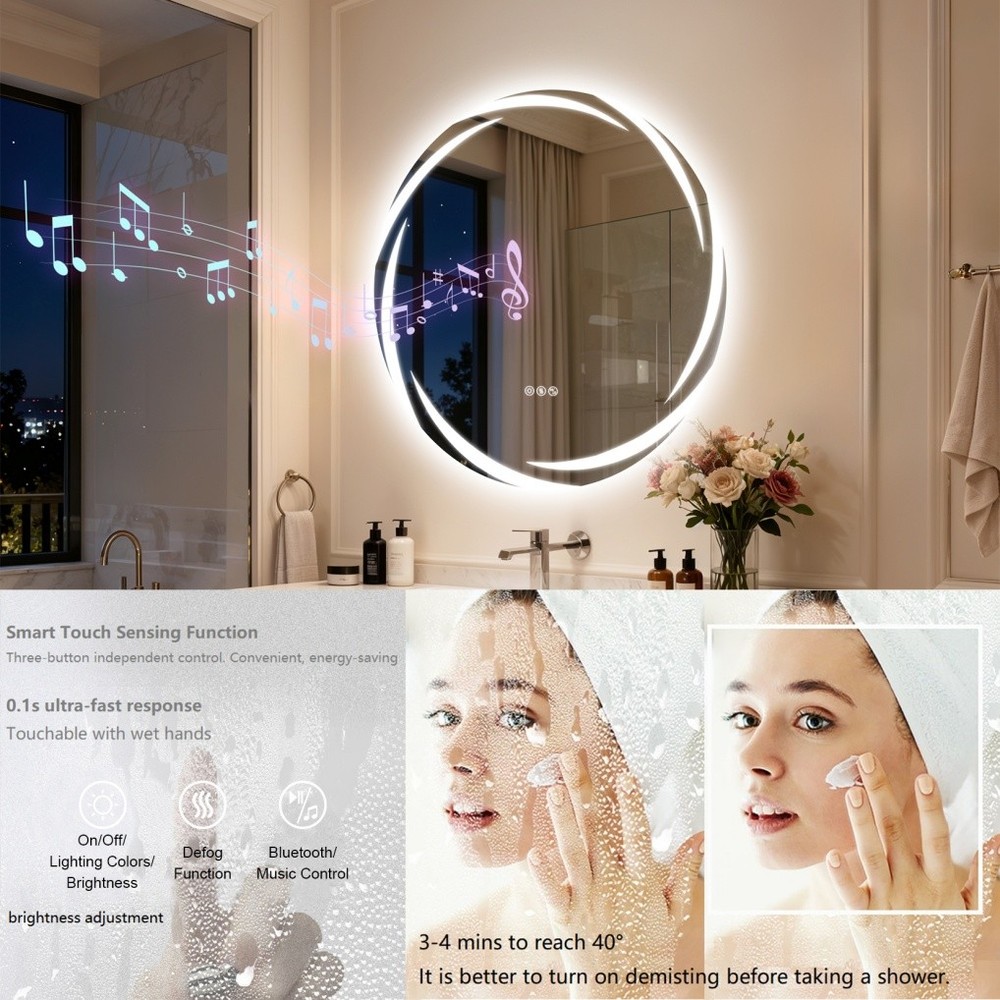32" Smart LED Bathroom Mirror Wall-Mounted with Bluetooth Speaker Dimmable Round