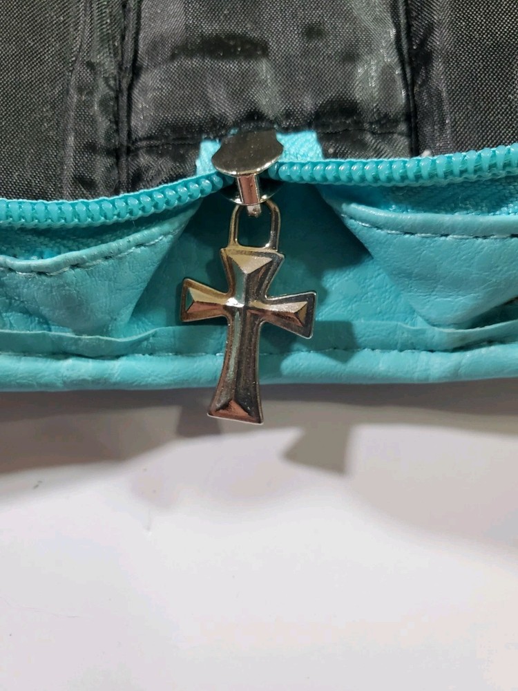 Faux Leather Bible Cover Teal Medium Crucifix Zipper Pull