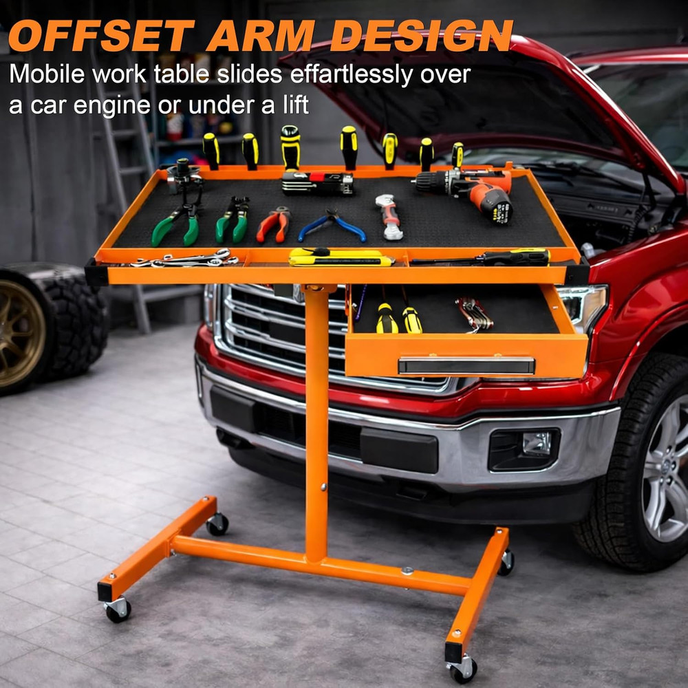 Heavy Duty Adjustable Work Table with Drawer & Wheels, 220Lbs Capacity, Orange