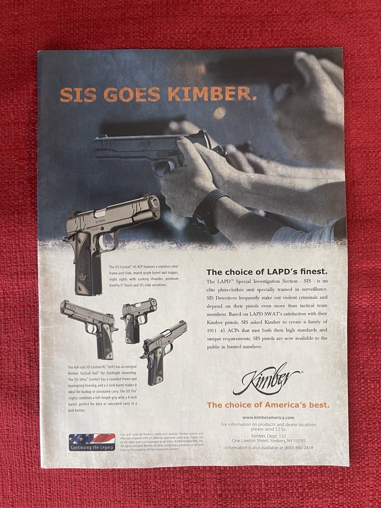 Kimber Firearms 2009 Print Ad SIS Custom .45 & Custom RL Advertisement