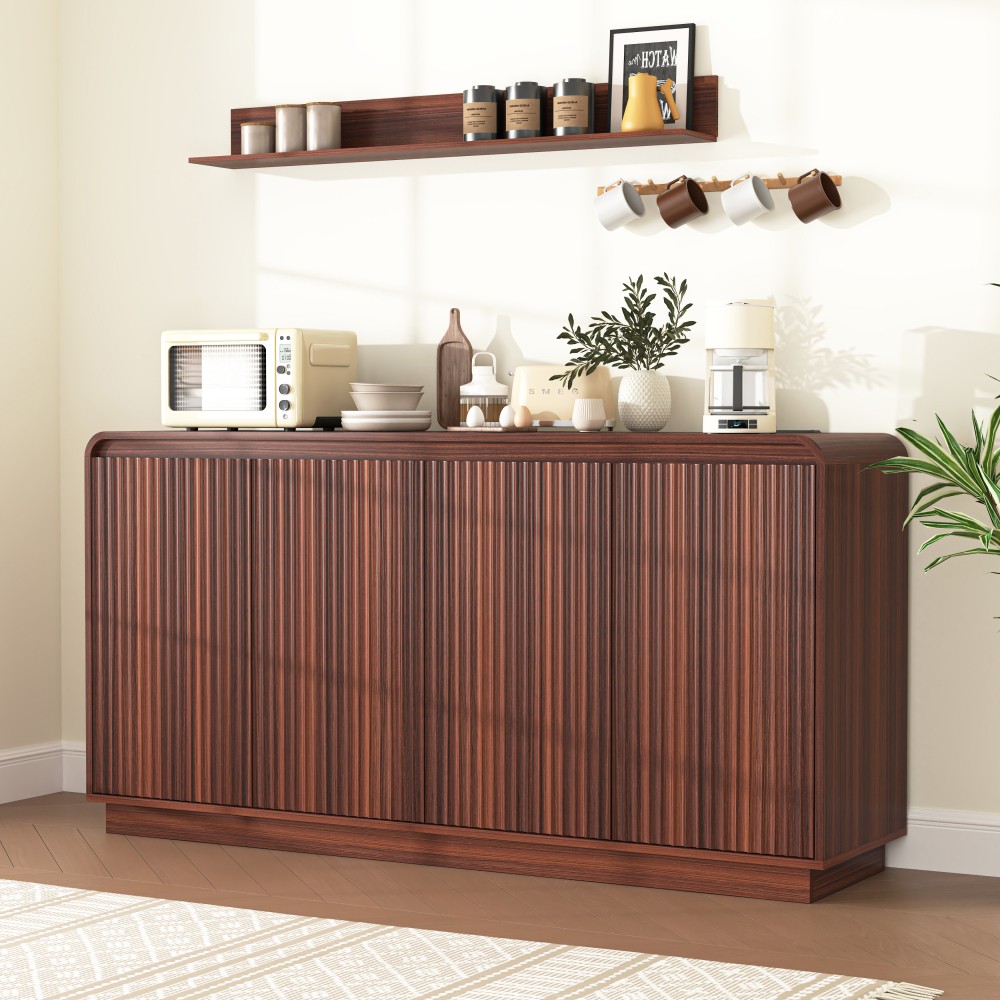 Walnut TV Stand with Power Outlet, Adjustable Storage, Fluted Handleless