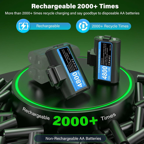 Rechargeable-Battery-Pack-for-Xbox-Controller, 2x4800mWh Batteries Pack Blue