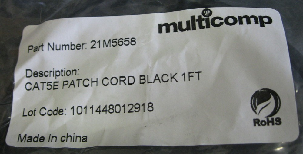 Multicomp 21M5658 CAT5E Patch Cord Black 1 ft