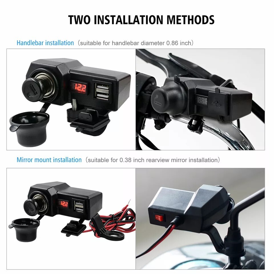 Waterproof Motorcycle Handlebar Dual USB Phone Charger Cigarette Lighter Socket