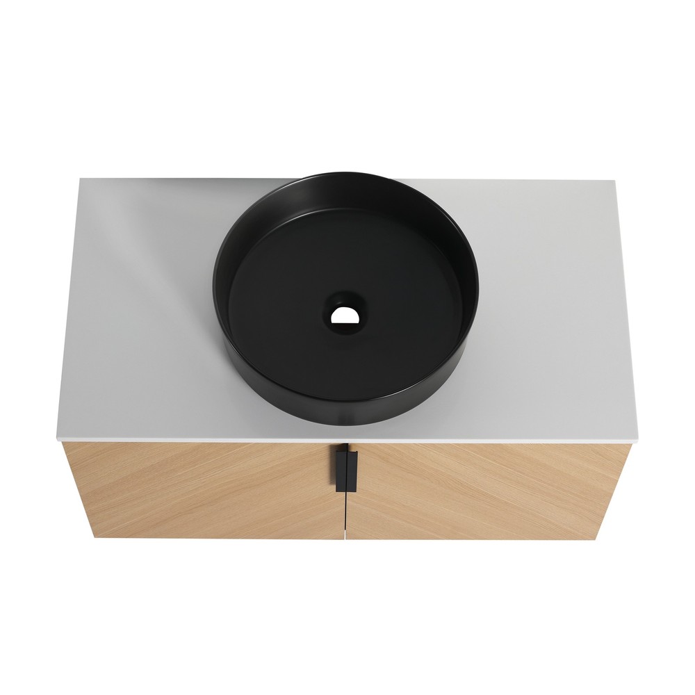 36" Wood Wall-Mounted Bathroom Vanity +Black Ceramic Sink Artificial Stone Slab