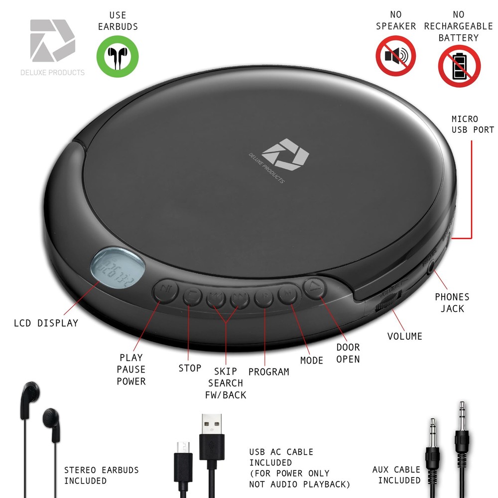 CD Player Portable w/ 60 Second Anti Skip, Stereo Earbuds,Includes Aux in Cable