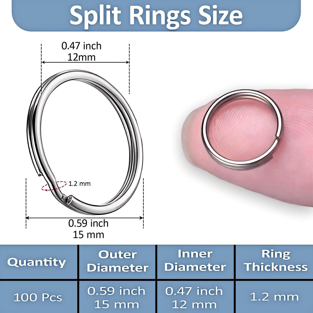 1/2'' 100PCS Small Split Key Rings for Keychains, Double Loops Metal Silver