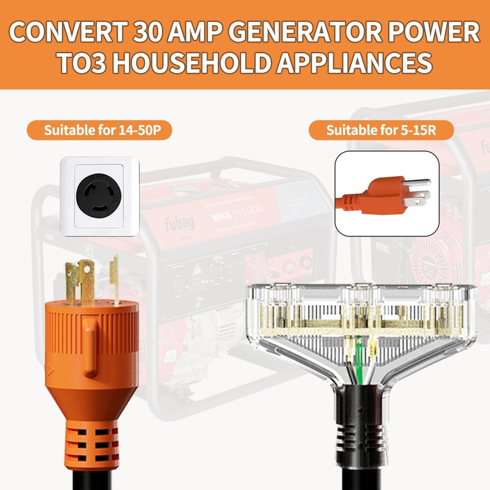 RV Generator Power Adapter 30AMP Male 3-Prong Plug to 3x 15 AMP Female cord