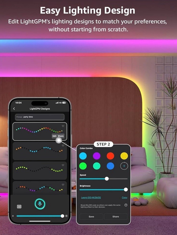 32.8ft LED AI Generated Light Strips W/Rainbow Color Effects, Wi-Fi & Bluetooth