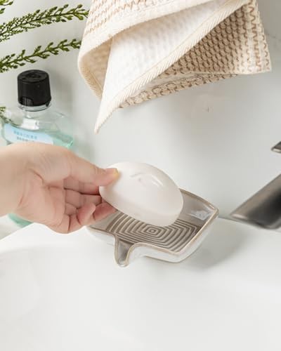 Soap Dishes, Ceramic Shower Soap Dish with Waterfall Rectangular Beige White