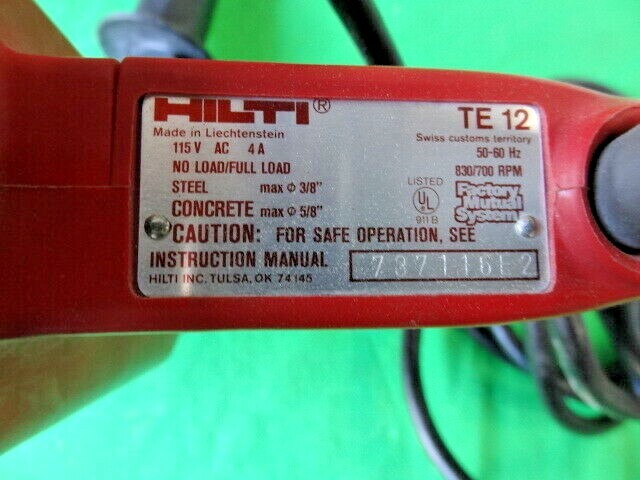 Hilti TE12 Rotary Hammer Drill + Bits & Carrying Case Tool *WORKS - NO RETURNS*
