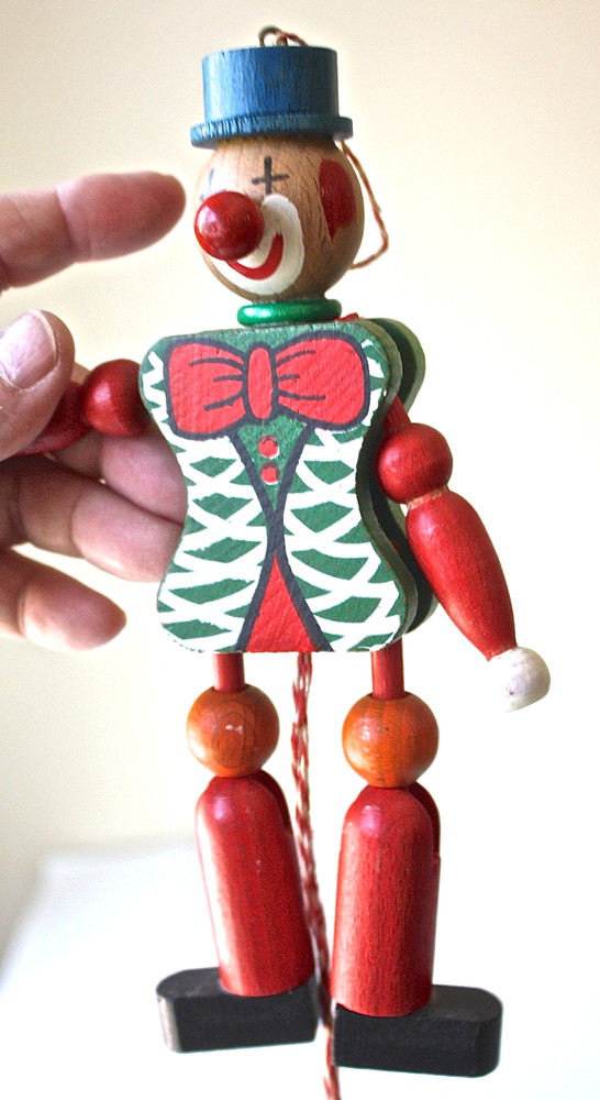 Vintage Circus Clown Wood Jumping Jack Pull String Toy CE