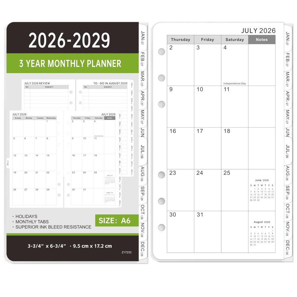 2026-2029 Monthly Planner Refill - A6 Size, Inserts with A6, black