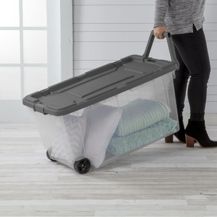 Sterilite 160 Qt Wheeled Stacker Clear Storage Bin w/ Latch Lid, 2 Pack