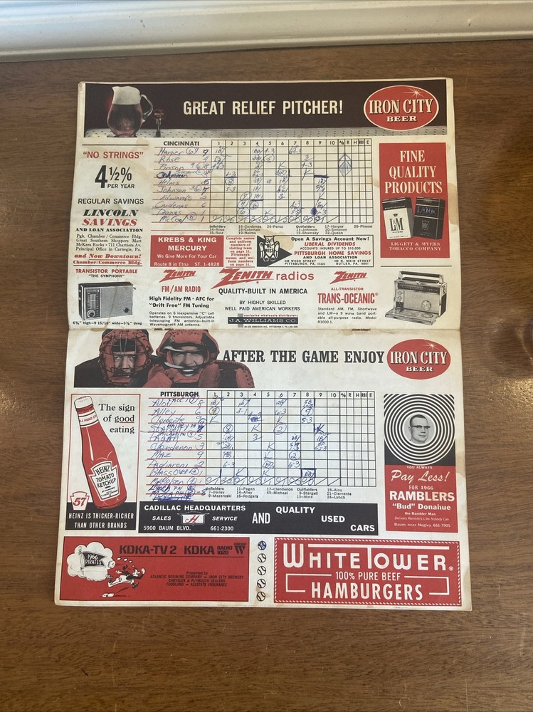 Pittsburgh Pirates vs Cincinnati MLB Program / Scorecard 1966 Scored Clemente