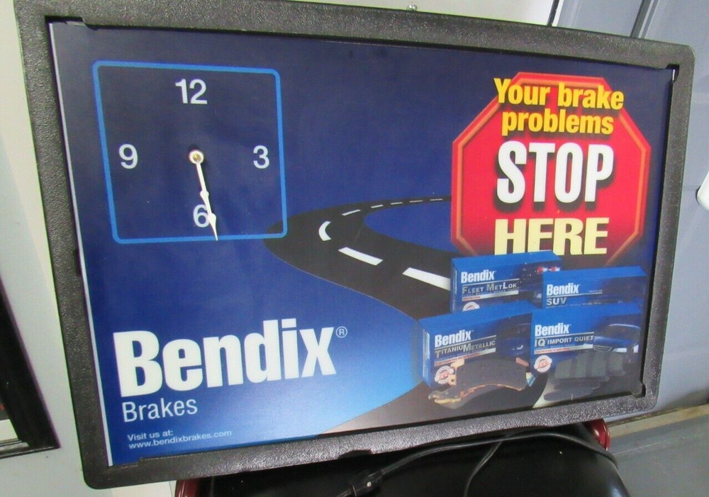 Large Bendix Stop Here Brakes Shop clock lighted plastic sign black frame