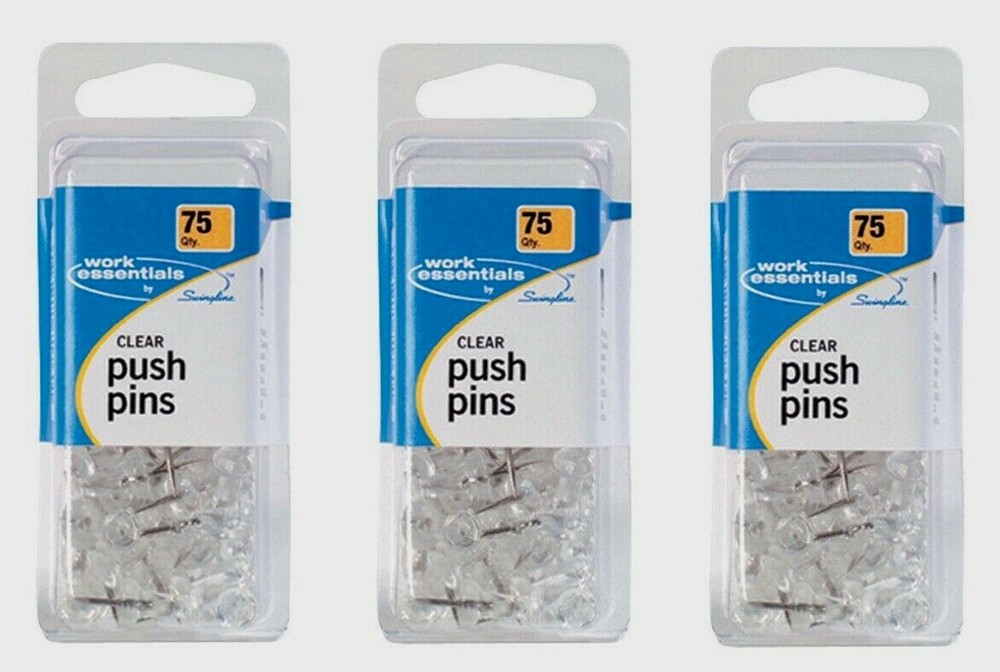 3 ~ Swingline Work Essentials Clear PUSH PINS 75 Count Extra Long Bulletin Board