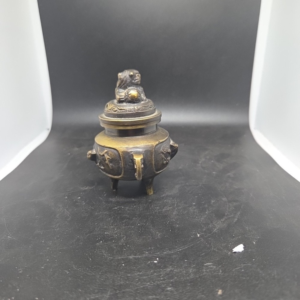 Vintage Brass Incense Burner Elephant Head Handles & Foo Dog