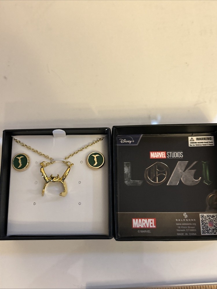 Marvel Studios Loki Horns Helmet Necklace & Earring Set New