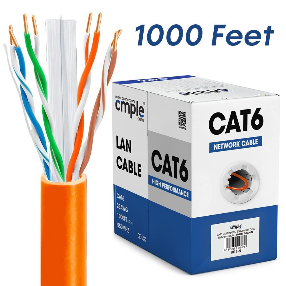 Cat6 Riser Ethernet Cable 1000ft CMR Solid 23AWG UTP 10Gb Pull Box Orange