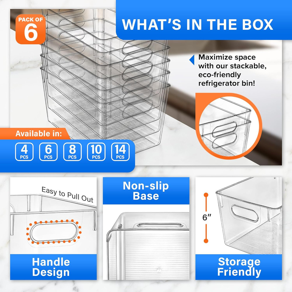 Multi-Purpose Refrigerator Bins - 6 Pieces Large Capacity Stackable Fridge Bin O