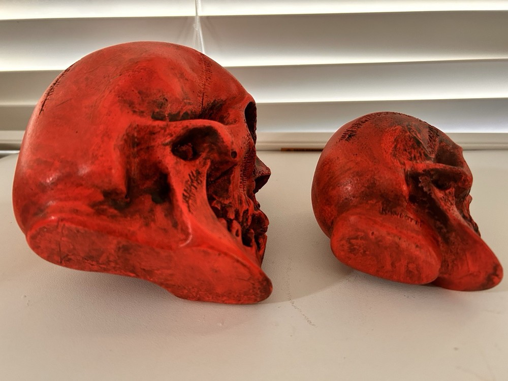2 EA. RANDOTTI ORIGINAL LARGE & MEDIUM FLUORESCENT RED SKULLS STILL GLOW