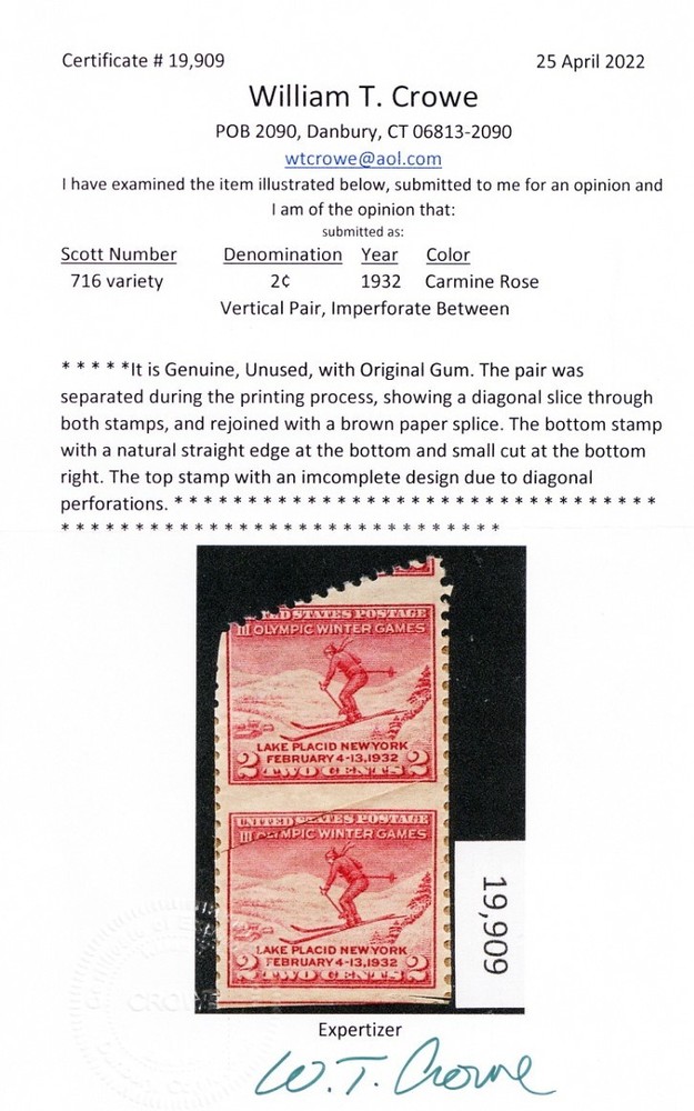 716 Var, Mint UNIQUE Imperforate Between Error Pair With Certificate Stuart Katz
