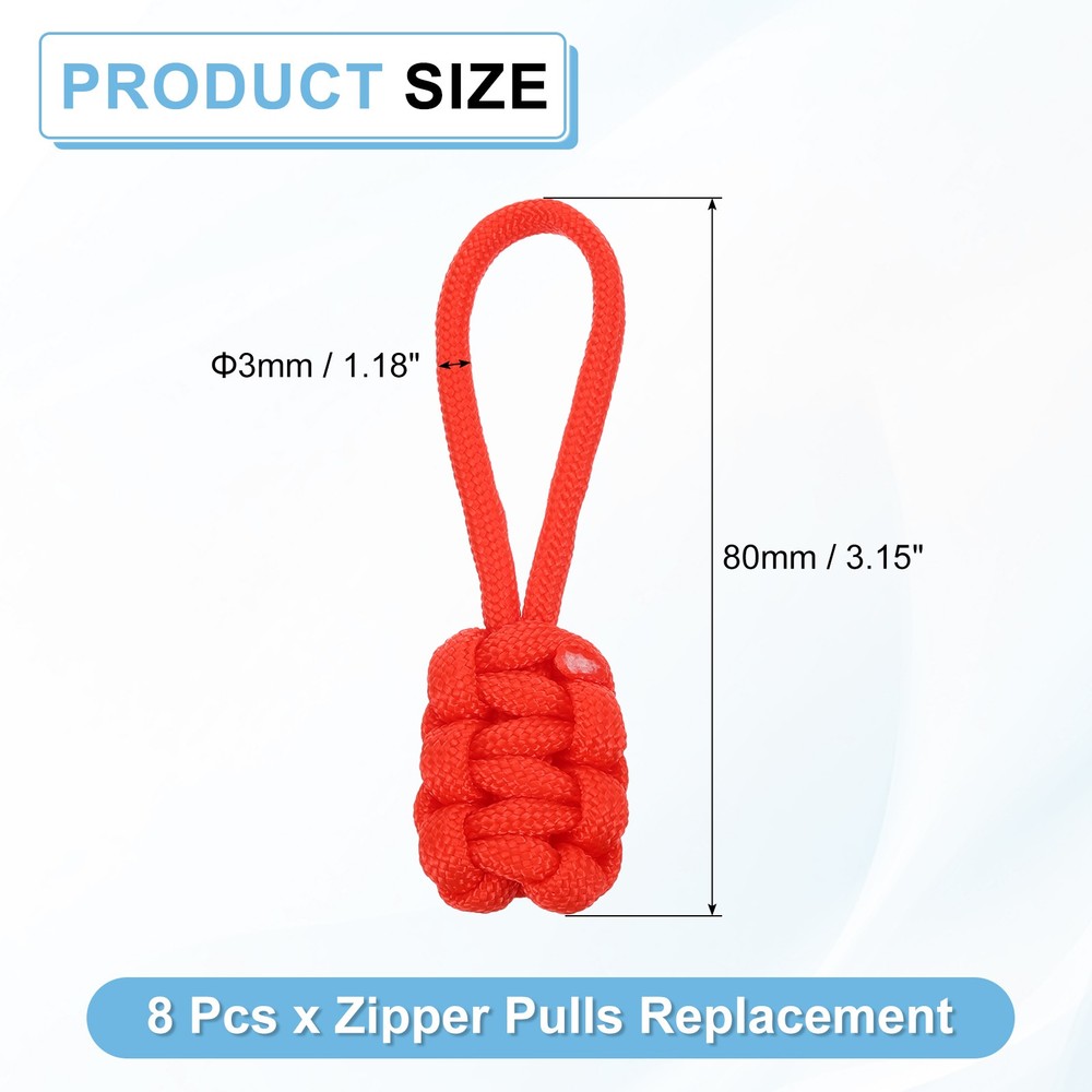 8Pcs Zipper Pulls Replacement, 80 x 3mm Polypropylene Rope Zipper Heads, Red