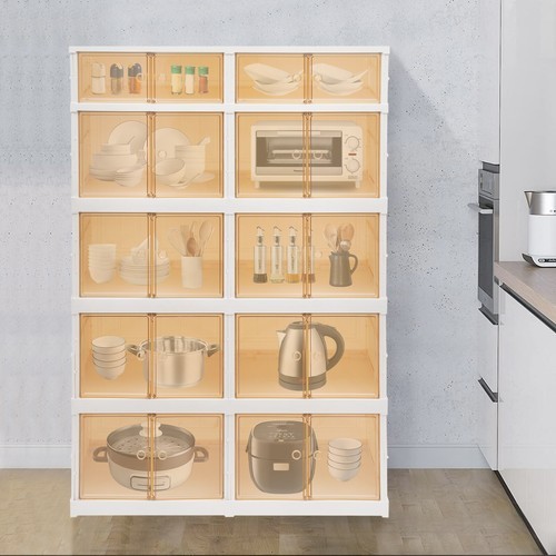 5 Tier Plastic Storage Containers with Doors & Wheels Foldable Organization