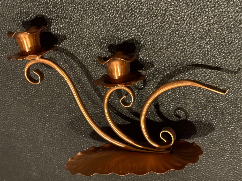 Vintage Solid Copper Gregorian Double Candlestick Holder W/ Sniffer
