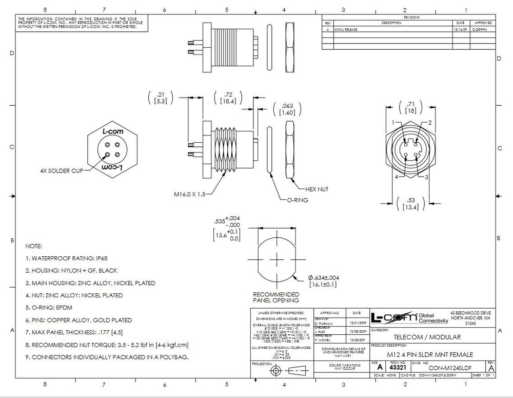 L-COM M12 4 Pos Panel Mount D Code Female Receptacle - CON-M124SLDF - solder