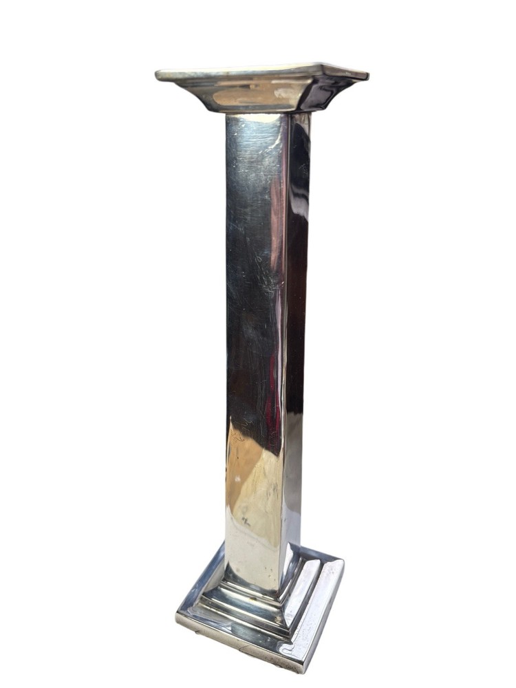 Pair Silver Plated Candlesticks 10.75” India Modern Art Deco Square Base