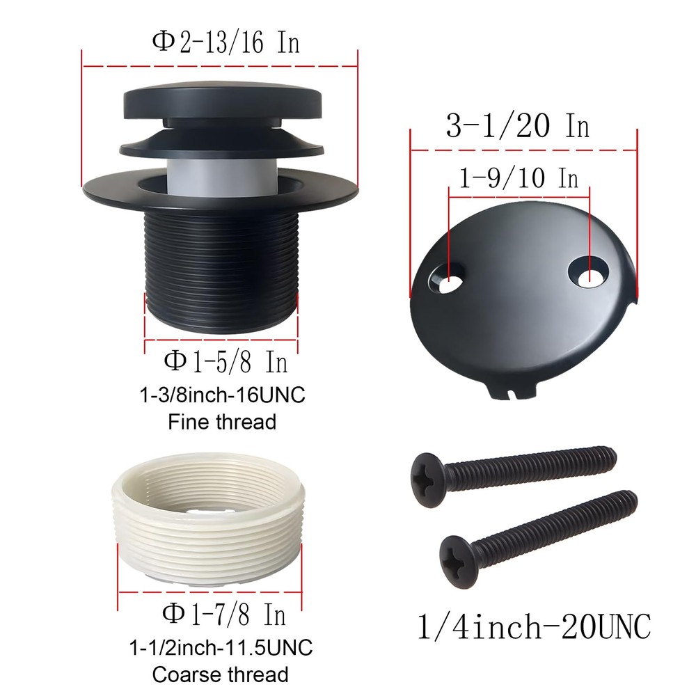 Universal Matte Black Tub Drain and Overflow Kit - Complete 2-Hole