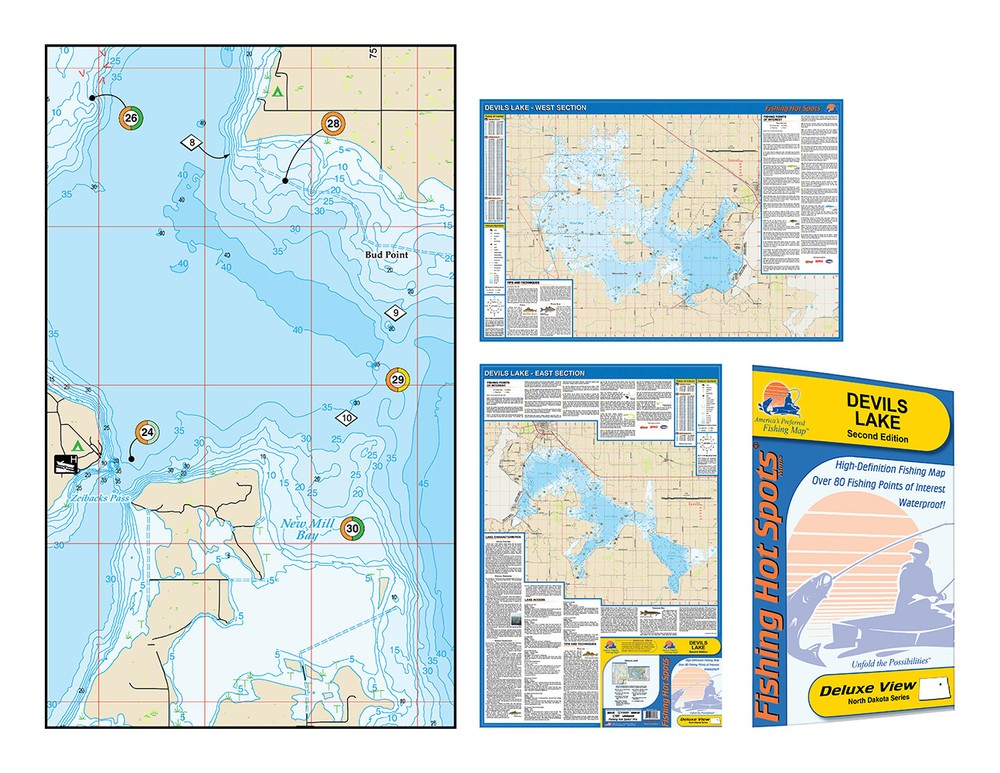 Devils Lake Detailed Fishing Map, Waterproof, GPS Points, Depth Contours #L708