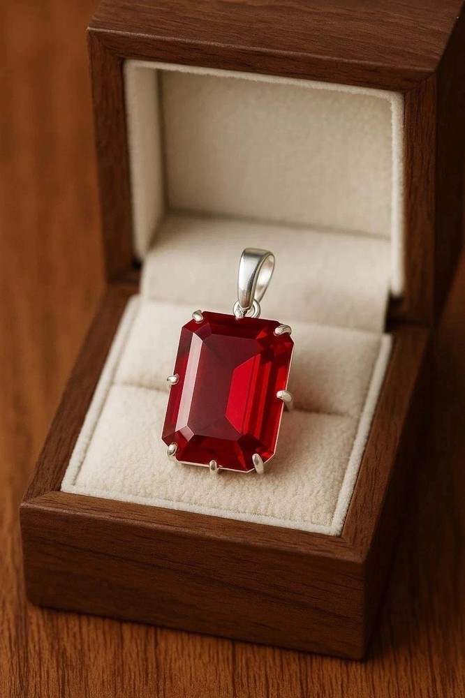 27 Ct Natural Red Ruby Emerald Cut 925 Solid Silver Pendant Loose Gemstone