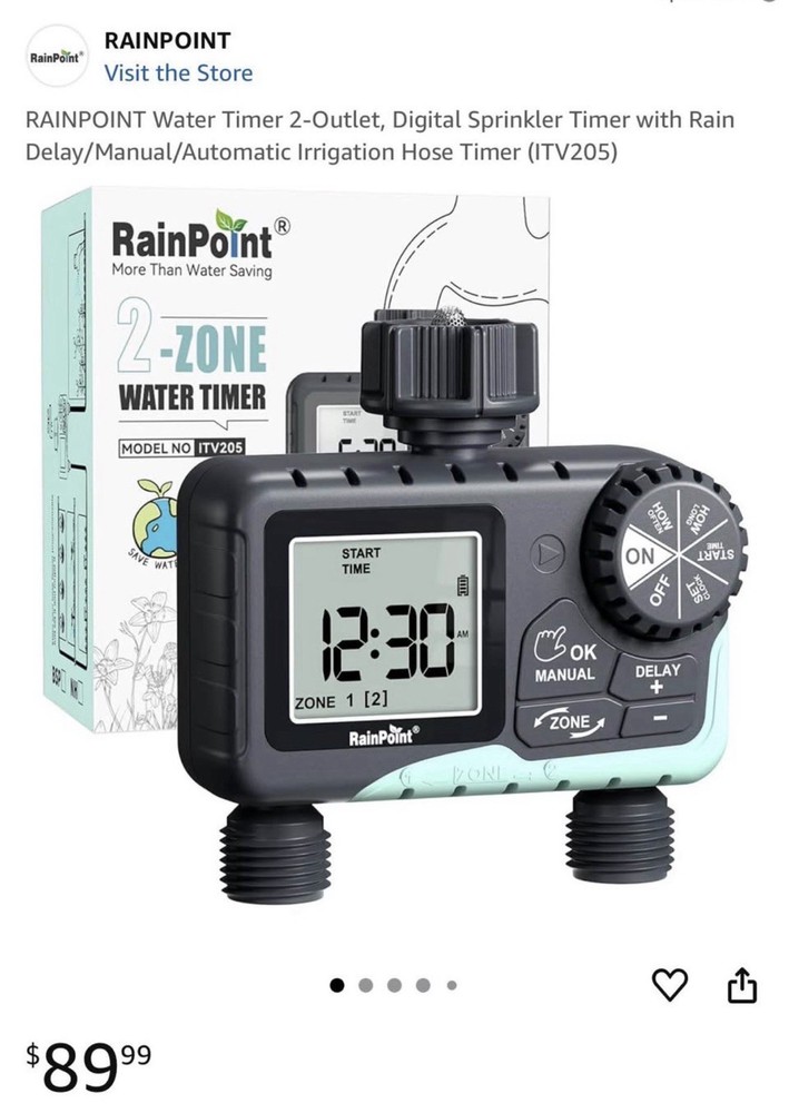 New RainPoint Programmable 2 Zone Water Timer - Model Number ITV205