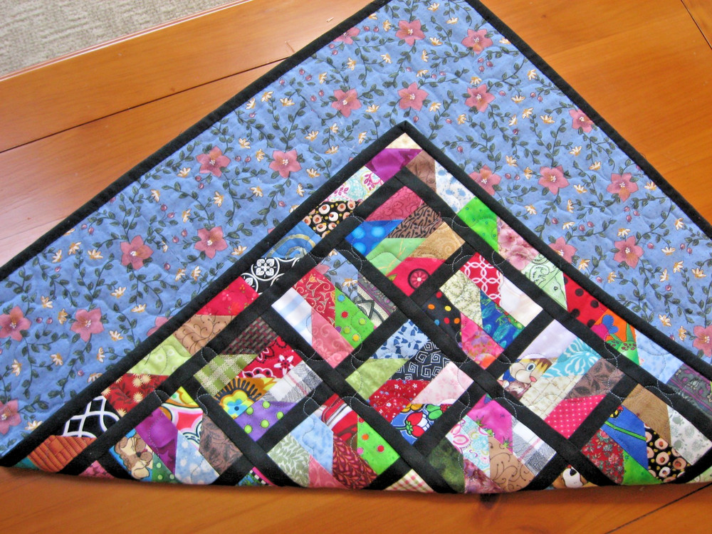 Quilted Table Topper, Scrappy Rectangles, Black Sashing