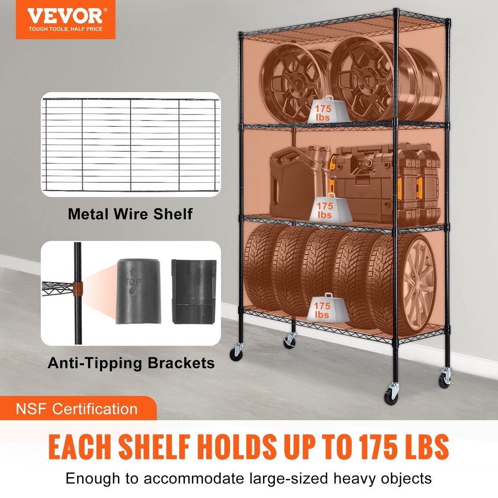 Storage Shelving Unit w/Wheels;4-Tier Adjustable;700 lbs Capacity;Heavy Duty Gar