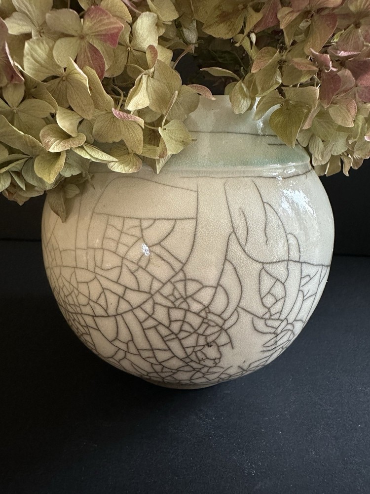 Raku Studio Pottery Vase Crackle Aqua Signed 5″×4.5”