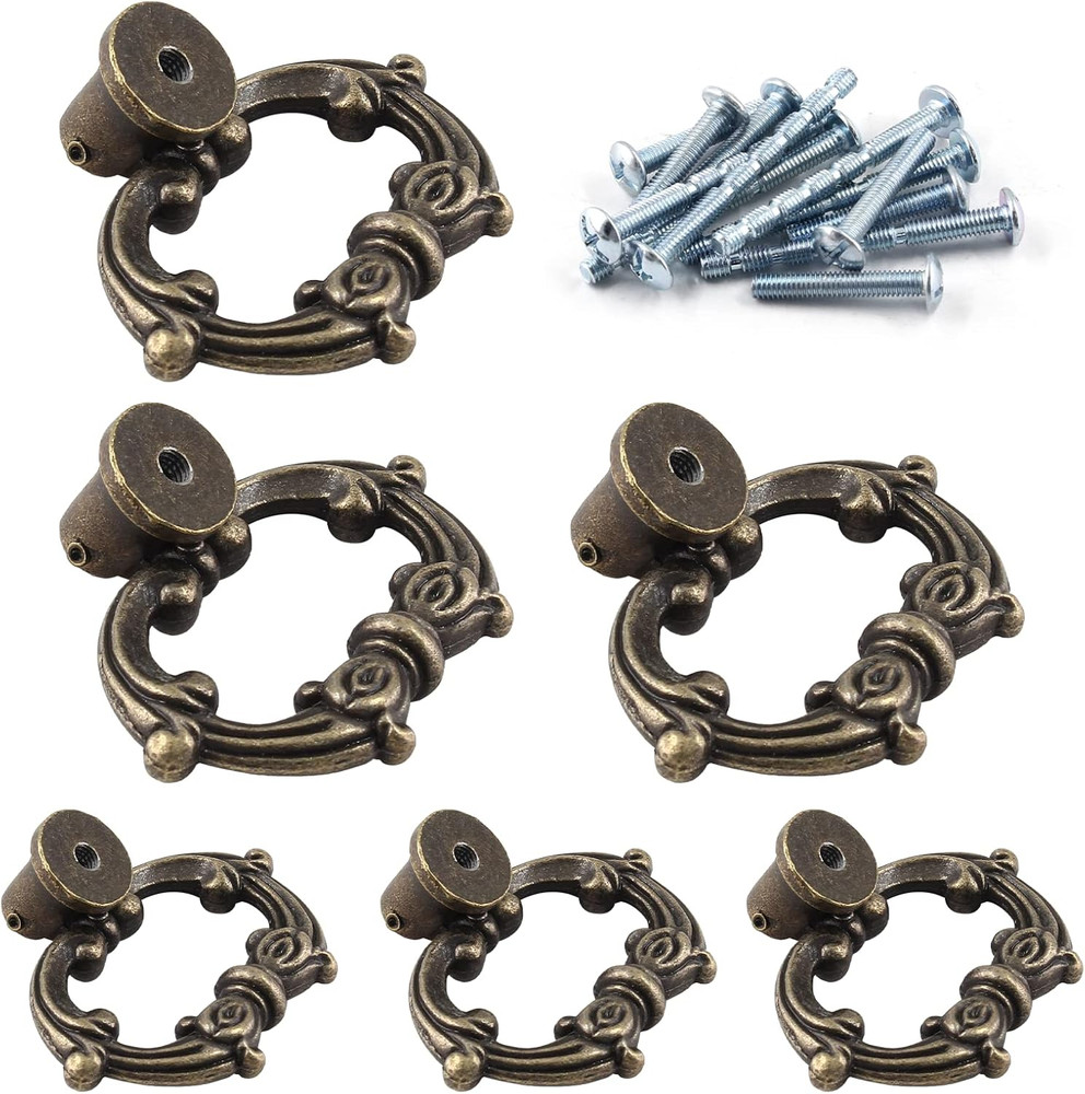 6 Pcs Antique Bronze Drop Ring Drawer Pulls, Vintage Cabinet Pull Handles, Small