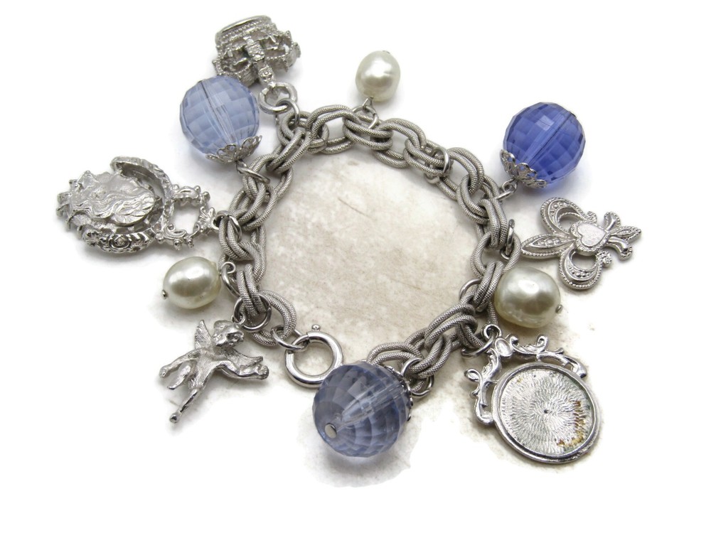 Large Blue & White Stone Crown Charm Bracelet Silver Tone