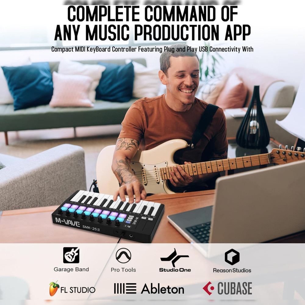 M-WAVE MIDI Keyboard Controller - USB Bluetooth - 25 Key, 16 Pads, Knobs