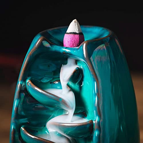 Ceramic Incense Burner with 100 Upgraded Cones, Waterfall Backflow Cyan