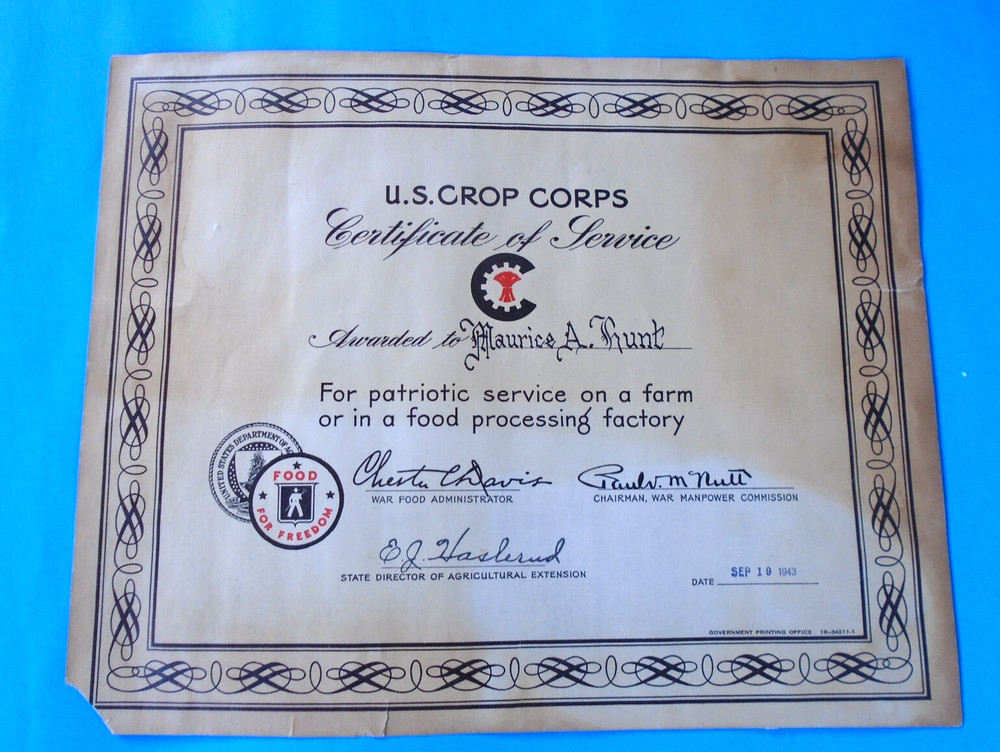 US Crop Corps Certificate of Service, 1943