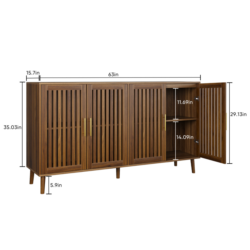 63" Walnut Sideboard Buffet Cabinet w/ 4 Doors, Adjustable Shelves