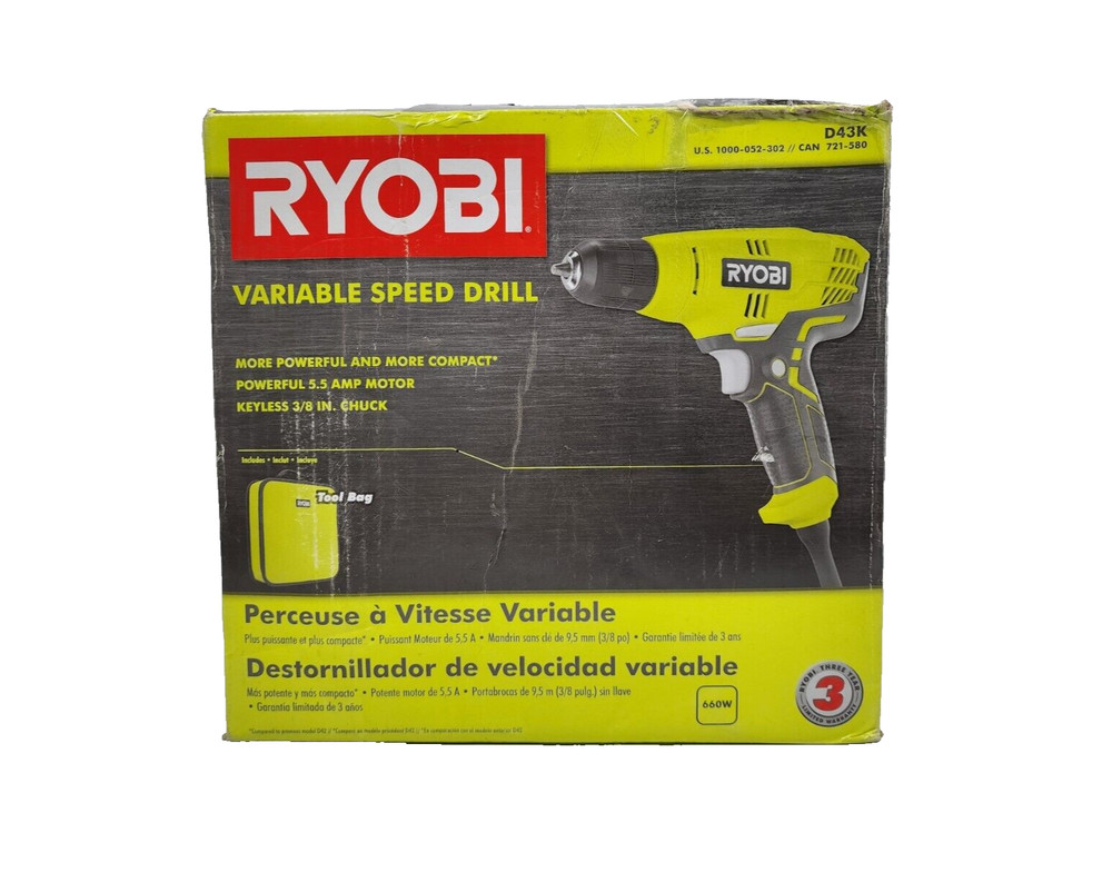 Ryobi D43K Variable Speed Drill With Keyless 3/8" Chuck & Tool Bag