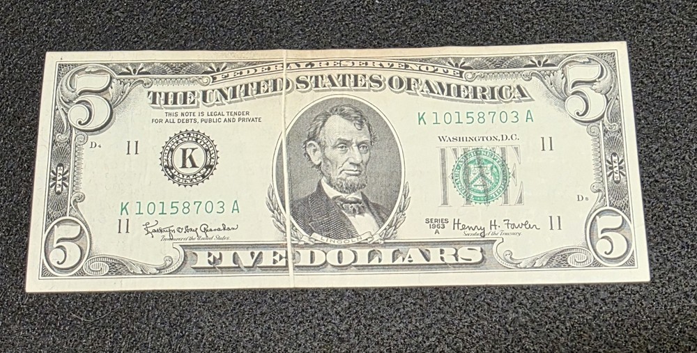 1963 A $5 Error Gutter Fold Federal Reserve Note.