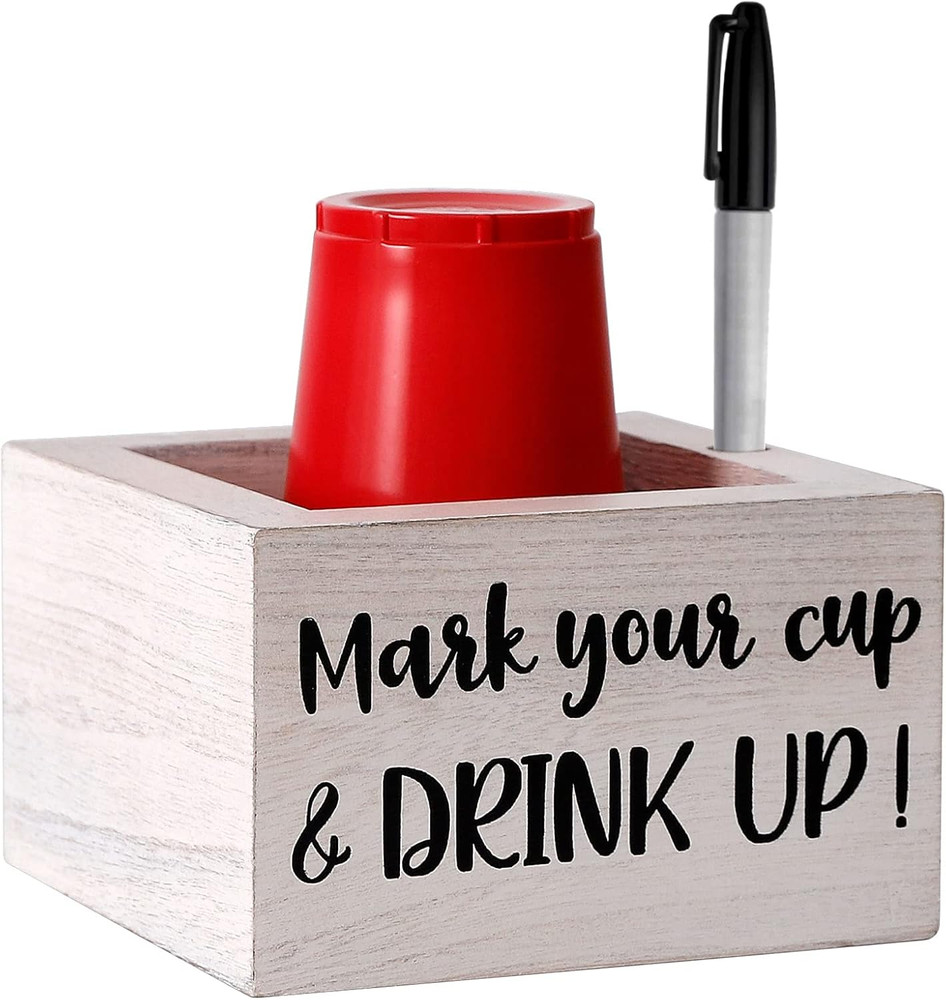 Single Cup Holder with Marker Slot Wooden Mark Your Cup and Drink up Cup Holder
