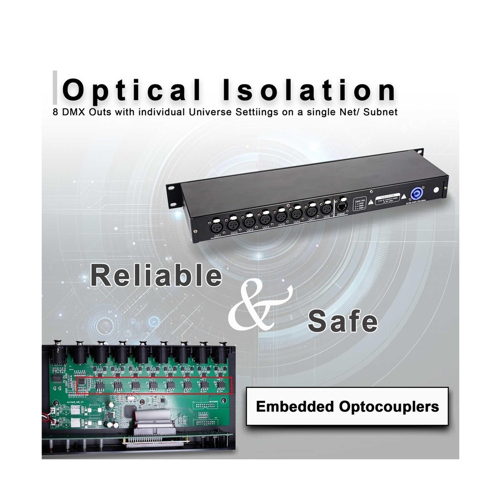 ArtNet DMX Interface, 8-Channel, 19" Rack, 1U Stage Lighting Network Control,...